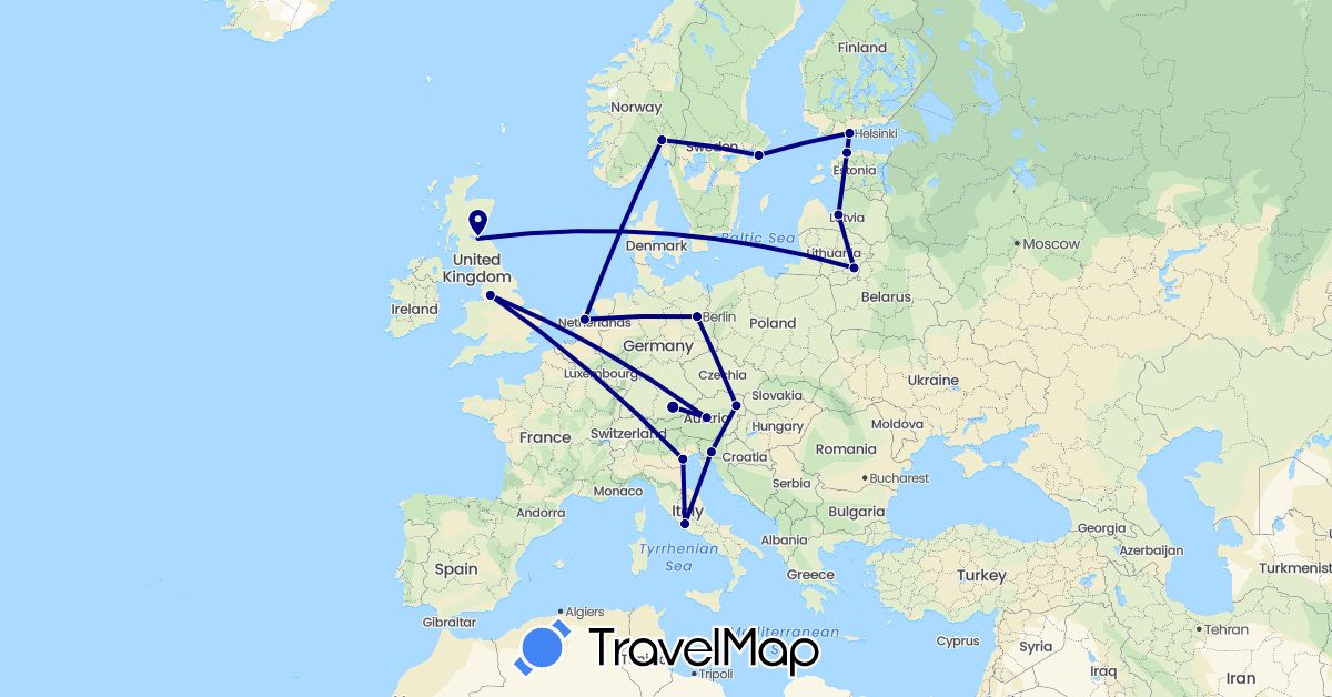 TravelMap itinerary: driving in Austria, Germany, Estonia, Finland, United Kingdom, Italy, Latvia, Netherlands, Norway, Sweden, Slovenia (Europe)